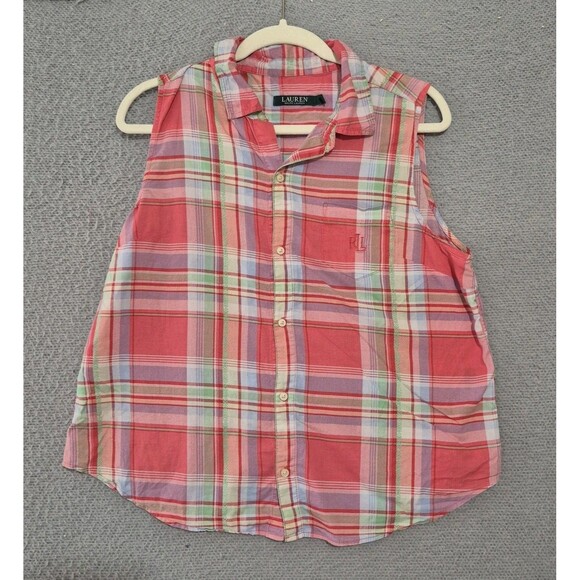 Lauren Ralph Lauren Women's Pink Plaid Button Up Shorts Cotton  Pj Set Large - Picture 1 of 8